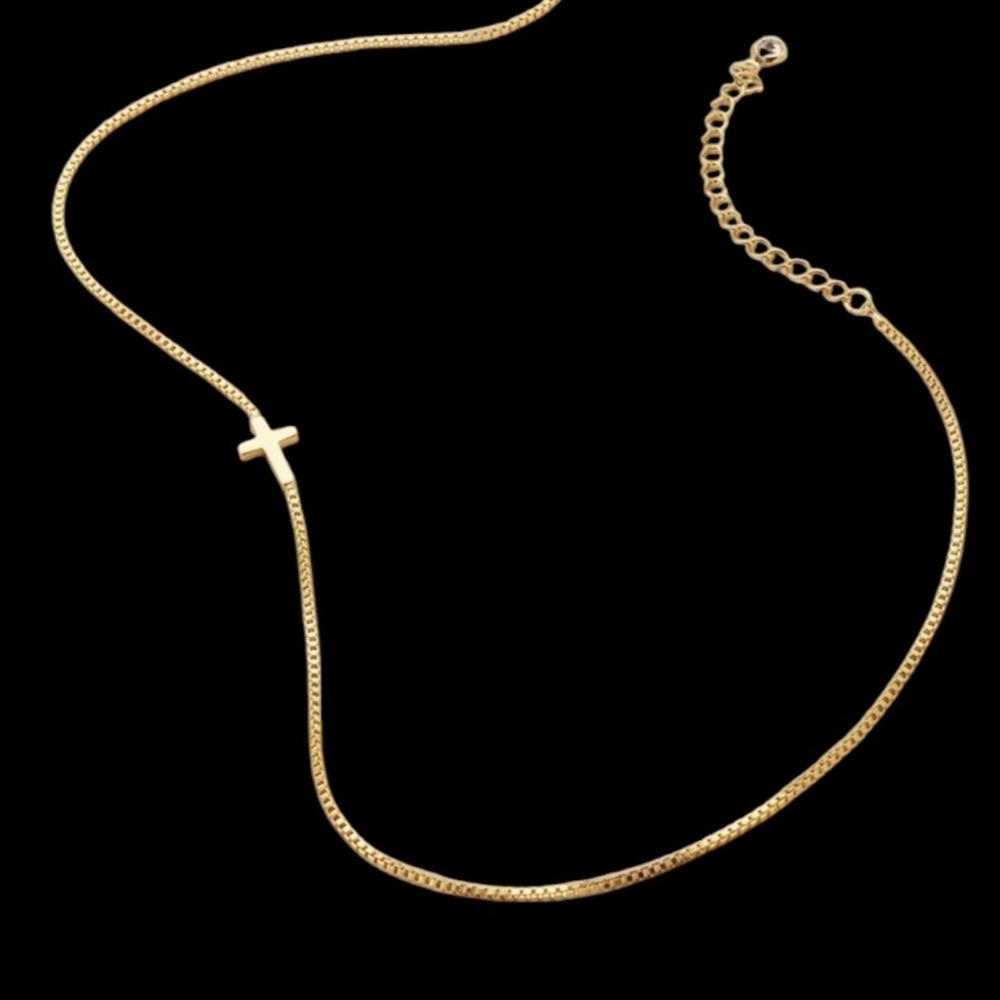 Anthropologie Gold Dainty Cross Necklace with Box Chain 14k over brass ✅ - Picture 2 of 4